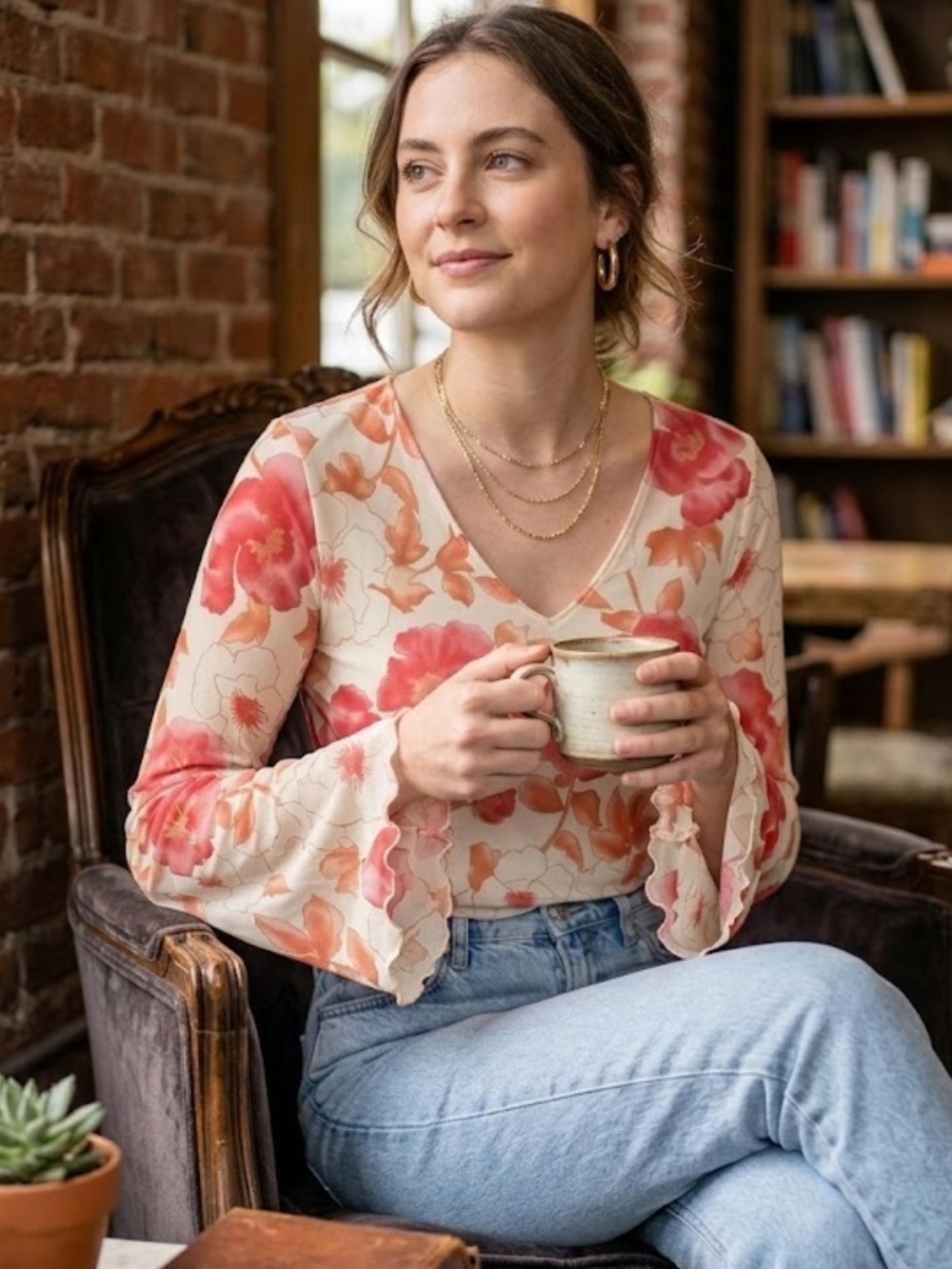 Dress Barn Cream Blouse with Coral Floral Print and Bell Sleeves